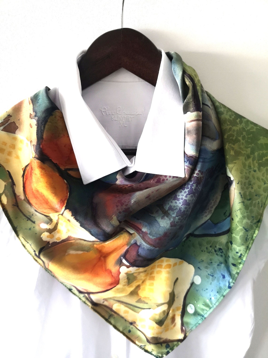 Silk Scarf, Yellow, Red, Grey, Square Scarf. Hand Painted on Crepe Satin, Designed by ...
