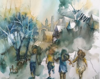 Watercolor Original Painting Childhood, Wall Art, Wall Decoration, One of a Kind aquarelle