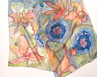 Hand-painted silk, Gray tones scarf, One of a Kinde silk scarf, hand-painted silk, grey, orange, blue colors, mothers day gift