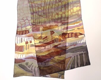 Hand-painted silk, Earth tones scarf, One of a Kinde silk scarf, hand-painted silk, grey, brown, yellow colors, mothers day gift