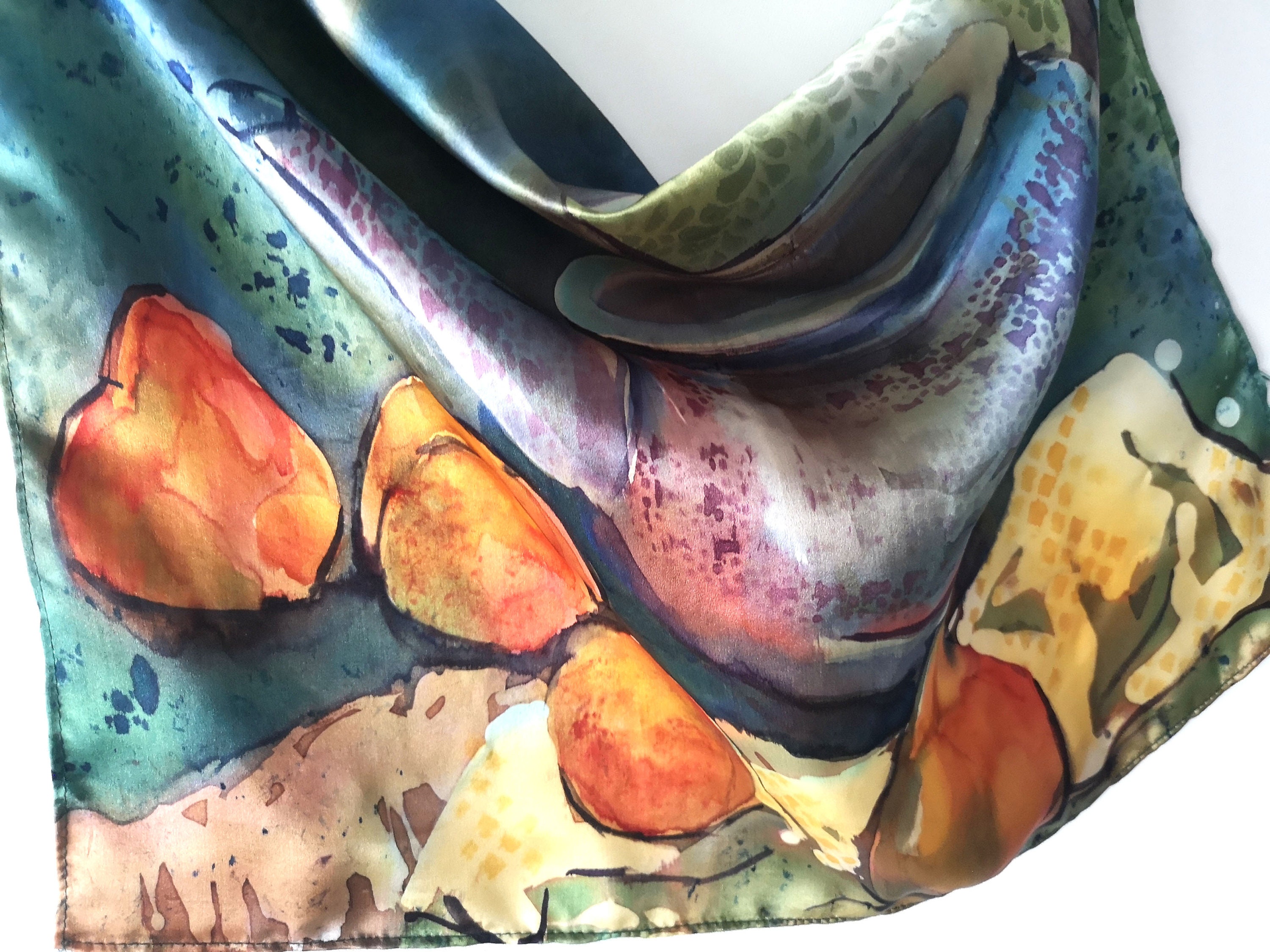 Silk Scarf, Yellow, Red, Grey, Square Scarf. Hand Painted on Crepe ...