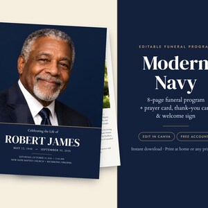 May include: A navy blue funeral program template featuring a portrait of a man in a suit and tie. The text reads Celebrating the Life of ROBERT JAMES, MAY 12, 1948 - SEPTEMBER 30, 2026, SATURDAY, OCTOBER 19, 2026, 11:00 AM, NEW HOPE BAPTIST CHURCH.