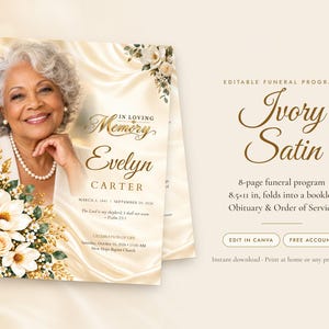 Könnte beinhalten: Eine bearbeitbare 8-seitige Trauerprogramm-Vorlage mit dem Titel Ivory Satin, mit dem Porträt einer älteren Person, goldenen Blumenakzenten und einem satinierten Hintergrund. Text enthält In Loving Memory, Evelyn Carter und 21,6x27,9 cm.