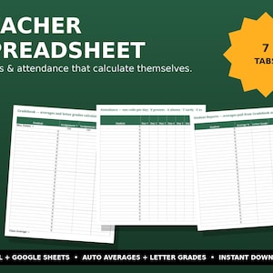 Può includere: Un modello di foglio di calcolo digitale per insegnanti con tre pagine a griglia bianca per voti e presenze. Il testo recita Teacher Spreadsheet, Grades & attendance that calculate themselves, 7 TABS, e Excel + Google Sheets + Auto Averages + Letter Grades + Instant Download.