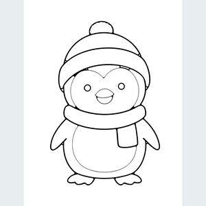 May include: A black and white line art illustration of a penguin wearing a winter hat with a pom-pom on top and a scarf around its neck. The penguin has a round body, small flippers, and a simple face with two circular eyes and a beak.