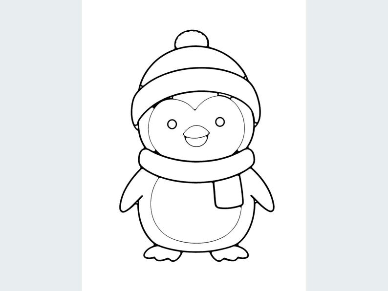May include: A black and white line art illustration of a penguin wearing a winter hat with a pom-pom on top and a scarf around its neck. The penguin has a round body, small flippers, and a simple face with two circular eyes and a beak.