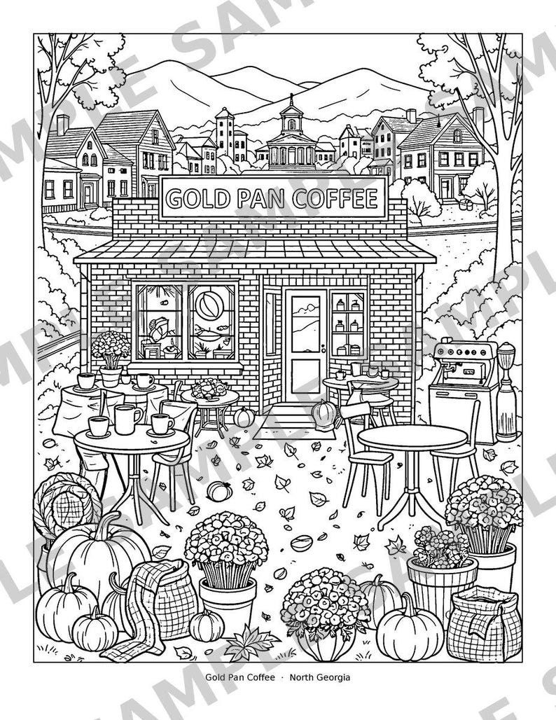 Może przedstawiać: Czarno-biała kolorowanka przedstawiająca ceglaną witrynę sklepową z napisem GOLD PAN COFFEE. Scena zawiera stoliki, krzesła, dynie, kwiaty w doniczkach i ekspres do kawy, a w tle widać małe miasteczko i g&oacute;ry.