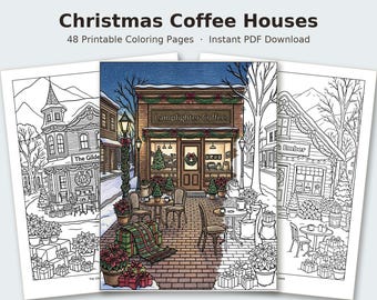 Peut inclure: Un ensemble de 48 pages à colorier imprimables intitulées Christmas Coffee Houses. Les pages présentent des dessins au trait détaillés de cafés d'hiver décorés pour les fêtes, avec une page centrale entièrement colorée.