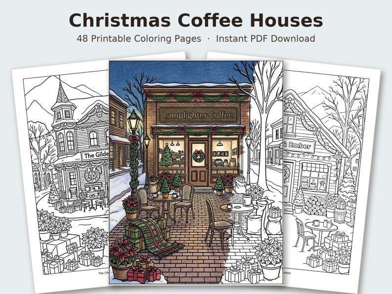 Puede incluir: Una colecci&oacute;n de 48 p&aacute;ginas para colorear imprimibles tituladas Christmas Coffee Houses. Las p&aacute;ginas muestran dibujos detallados de cafeter&iacute;as de invierno decoradas para las fiestas, con una p&aacute;gina central coloreada.