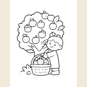 May include: A black and white line art coloring page featuring a child standing next to an apple tree. The tree has several apples with smiling faces. The child is holding a basket filled with apples, also featuring smiling faces.
