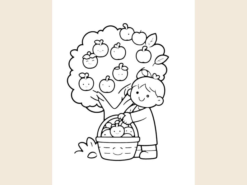 May include: A black and white line art coloring page featuring a child standing next to an apple tree. The tree has several apples with smiling faces. The child is holding a basket filled with apples, also featuring smiling faces.