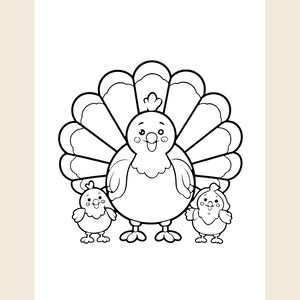 May include: A black and white line art illustration featuring a central turkey with a large, fanned-out tail display, flanked by two smaller, round chicks. The characters have simple, smiling facial expressions with large eyes and small beaks.