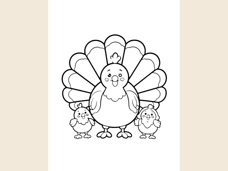 May include: A black and white line art illustration featuring a central turkey with a large, fanned-out tail display, flanked by two smaller, round chicks. The characters have simple, smiling facial expressions with large eyes and small beaks.