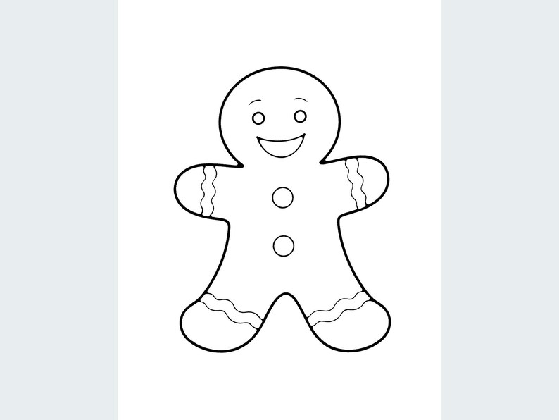 May include: A black and white line drawing of a gingerbread man character. The figure features a smiling face, two circular buttons on the torso, and wavy line details on the arms and legs, presented as a simple coloring page outline.
