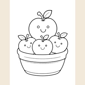 May include: A black and white line art illustration of a round bowl filled with four smiling apples. Each apple features a simple face with two circular eyes and a curved mouth, along with a single leaf attached to its stem at the top.