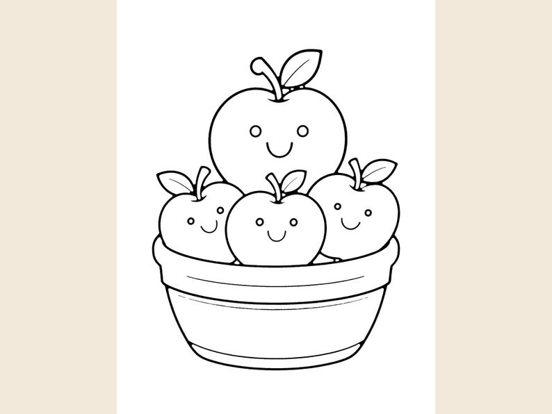 May include: A black and white line art illustration of a round bowl filled with four smiling apples. Each apple features a simple face with two circular eyes and a curved mouth, along with a single leaf attached to its stem at the top.