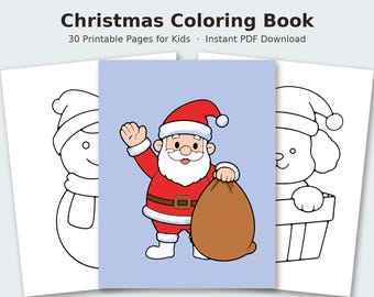 May include: A Christmas Coloring Book with 30 Printable Pages for Kids and Instant PDF Download. The cover features a colorful illustration of Santa Claus waving and holding a brown sack, flanked by black and white line art pages.
