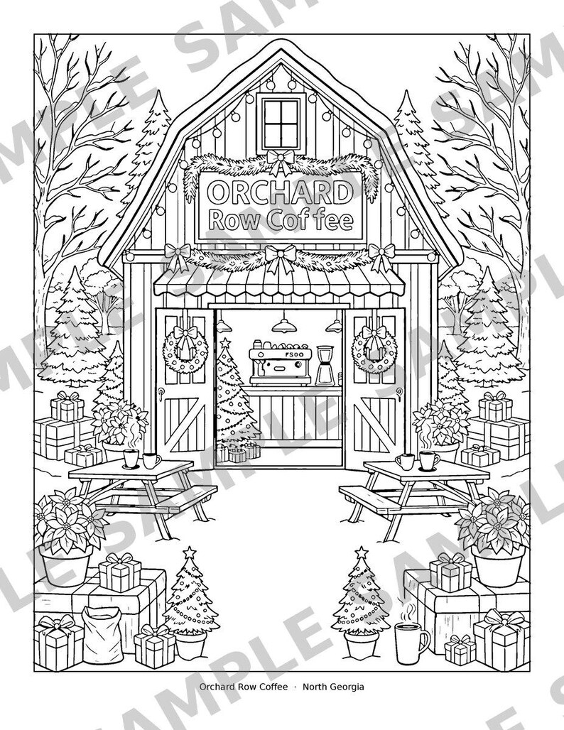 Puede incluir: Una p&aacute;gina para colorear en blanco y negro que muestra un granero con el letrero Orchard Row Coffee, decorado con guirnaldas y coronas. La escena incluye mesas de picnic, flores de pascua, regalos y &aacute;rboles de Navidad en la nieve.