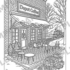 Puede incluir: Una ilustraci&oacute;n en blanco y negro para colorear de un edificio de ladrillo con el letrero Depot Coffee. La escena muestra una fachada con toldo, una corona en la puerta, mesas, plantas, cajas de regalo y un tren de vapor.