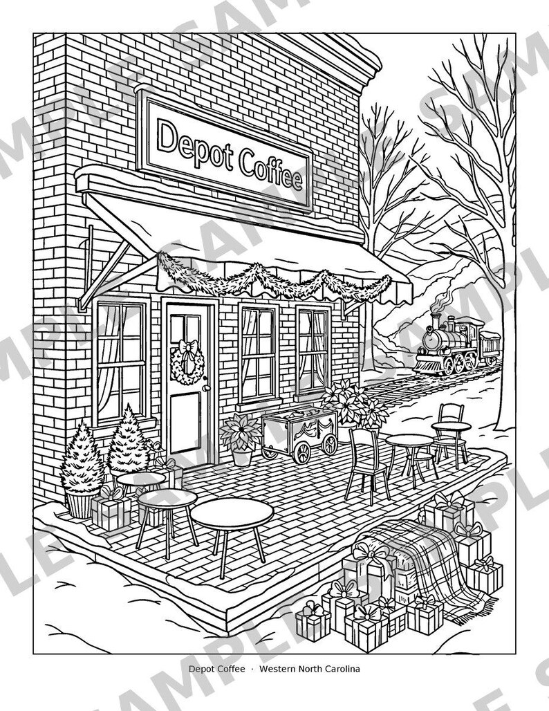 Puede incluir: Una ilustraci&oacute;n en blanco y negro para colorear de un edificio de ladrillo con el letrero Depot Coffee. La escena muestra una fachada con toldo, una corona en la puerta, mesas, plantas, cajas de regalo y un tren de vapor.