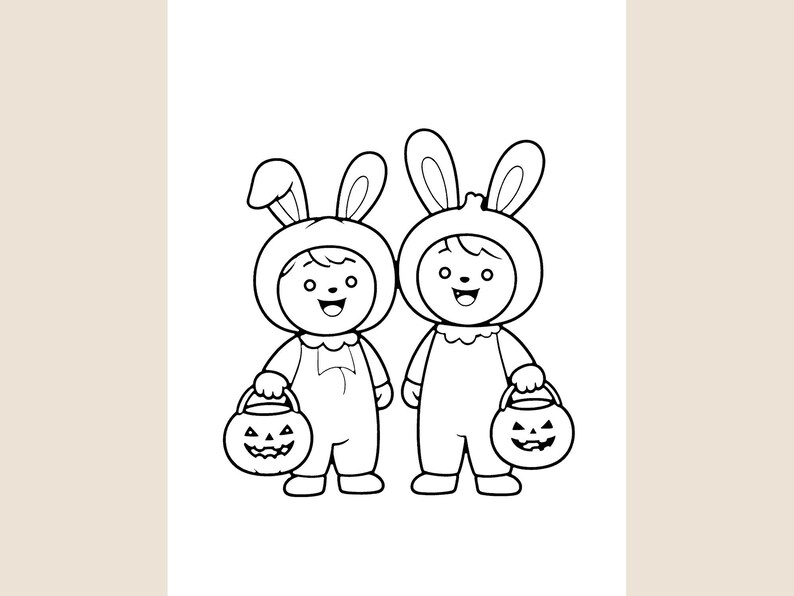 Peut inclure: Une illustration en noir et blanc au trait repr&eacute;sentant deux enfants v&ecirc;tus de costumes de lapin avec de longues oreilles. Chaque enfant tient un seau rond en forme de citrouille avec un visage de lanterne sculpt&eacute; pour Halloween.