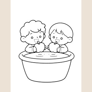 Peut inclure: Une illustration en noir et blanc au trait repr&eacute;sentant deux enfants aux coiffures diff&eacute;rentes pench&eacute;s au-dessus d'une grande bassine ronde remplie d'eau. Chaque enfant tient une pomme enti&egrave;re pr&egrave;s de sa bouche, dans un style cartoon.