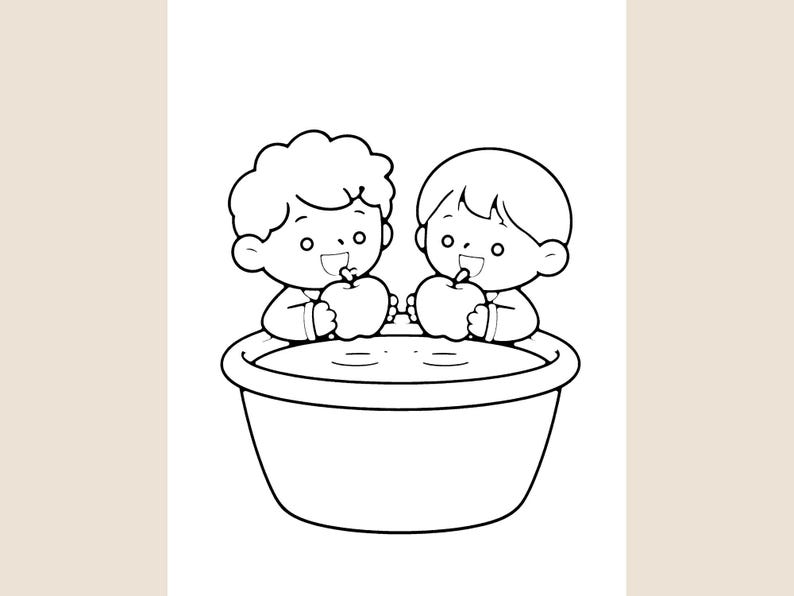 Peut inclure: Une illustration en noir et blanc au trait repr&eacute;sentant deux enfants aux coiffures diff&eacute;rentes pench&eacute;s au-dessus d'une grande bassine ronde remplie d'eau. Chaque enfant tient une pomme enti&egrave;re pr&egrave;s de sa bouche, dans un style cartoon.