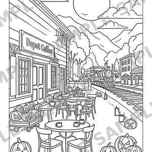 May include: A black and white coloring page illustration featuring a coffee shop labeled Depot Coffee with outdoor seating, numerous carved jack-o'-lanterns, a steam locomotive on nearby train tracks, and a large full moon in the sky.