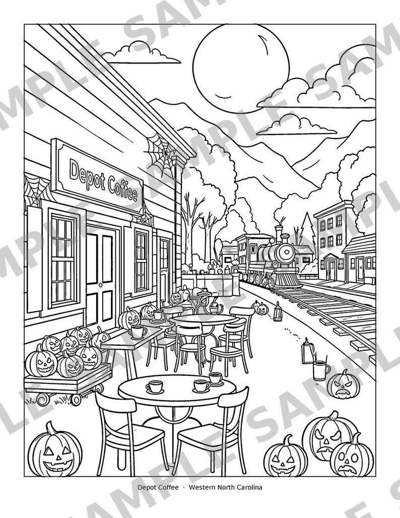 May include: A black and white coloring page illustration featuring a coffee shop labeled Depot Coffee with outdoor seating, numerous carved jack-o'-lanterns, a steam locomotive on nearby train tracks, and a large full moon in the sky.