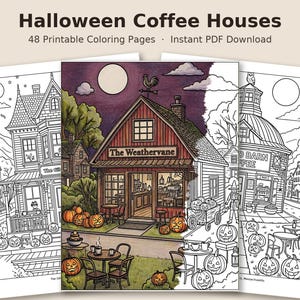 May include: A collection of 48 printable coloring pages titled Halloween Coffee Houses. The pages feature detailed line art of coffee shops decorated with jack-o'-lanterns, pumpkins, and autumn scenery, with one central page partially colored in.