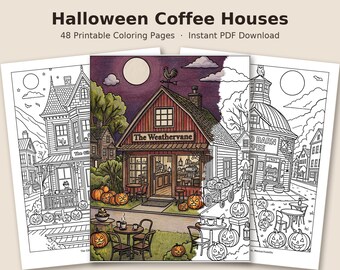May include: A collection of 48 printable coloring pages titled Halloween Coffee Houses. The pages feature detailed line art of coffee shops decorated with jack-o'-lanterns, pumpkins, and autumn scenery, with one central page partially colored in.
