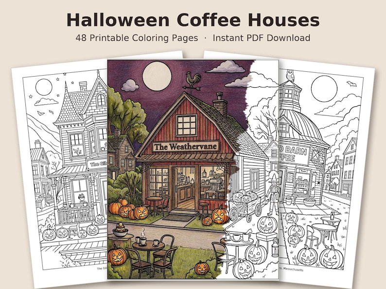May include: A collection of 48 printable coloring pages titled Halloween Coffee Houses. The pages feature detailed line art of coffee shops decorated with jack-o'-lanterns, pumpkins, and autumn scenery, with one central page partially colored in.