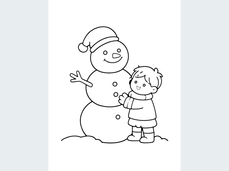May include: A black and white line art illustration featuring a child wearing a sweater and boots, standing next to a snowman. The snowman wears a hat and has three buttons on its torso. The child is embracing the snowman in a snowy setting.