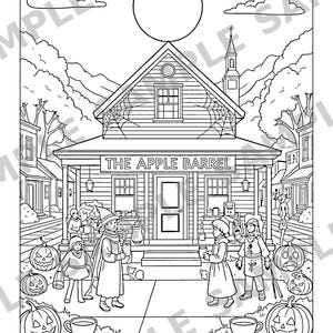 May include: A black and white coloring page illustration of a building labeled THE APPLE BARREL. The scene features children in costumes, carved jack-o'-lanterns, trees, a steeple, and a large moon in the sky. Text at the bottom reads The Apple Barrel - North Georgia.
