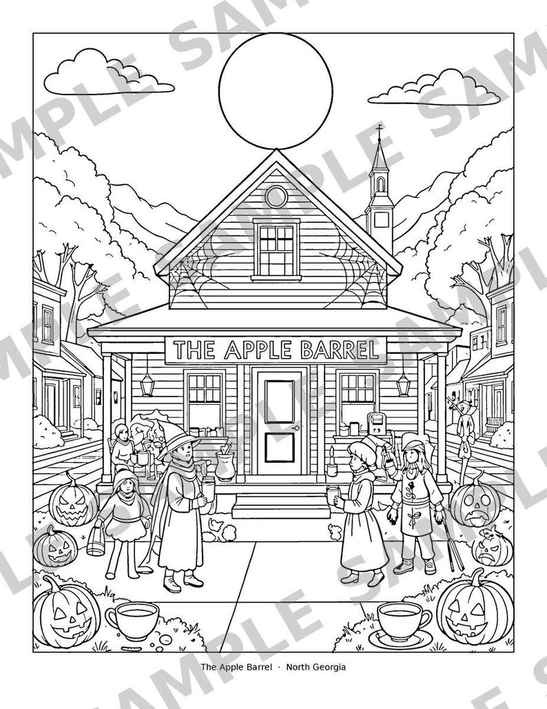 May include: A black and white coloring page illustration of a building labeled THE APPLE BARREL. The scene features children in costumes, carved jack-o'-lanterns, trees, a steeple, and a large moon in the sky. Text at the bottom reads The Apple Barrel - North Georgia.