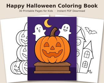 May include: Happy Halloween Coloring Book with 30 printable pages. The cover features a central orange jack-o'-lantern on a brown base, two white ghosts, and a yellow crescent moon against a dark purple background.
