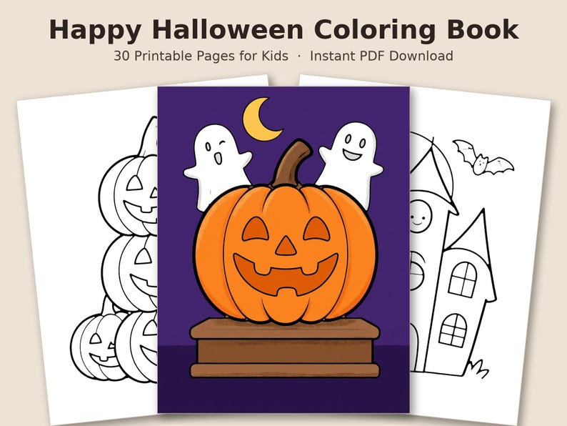 Peut inclure: Livre de coloriage Happy Halloween avec 30 pages imprimables. La couverture pr&eacute;sente une citrouille orange centrale sur une base brune, deux fant&ocirc;mes blancs et un croissant de lune jaune sur fond violet fonc&eacute;.