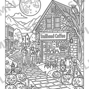May include: A black and white coloring page featuring a stone building labeled Trailhead Coffee, with people in pointed hats standing outside. The scene includes a full moon, an owl in a tree, numerous carved jack-o'-lanterns, and a brick path.