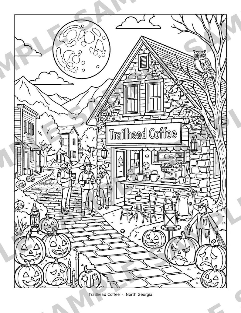 May include: A black and white coloring page featuring a stone building labeled Trailhead Coffee, with people in pointed hats standing outside. The scene includes a full moon, an owl in a tree, numerous carved jack-o'-lanterns, and a brick path.