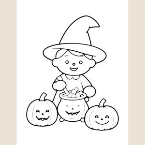 Peut inclure: Une illustration en noir et blanc au trait repr&eacute;sentant un personnage portant un chapeau pointu, remuant un petit chaudron rempli d'objets ronds. Deux citrouilles souriantes sont plac&eacute;es de chaque c&ocirc;t&eacute; du chaudron.