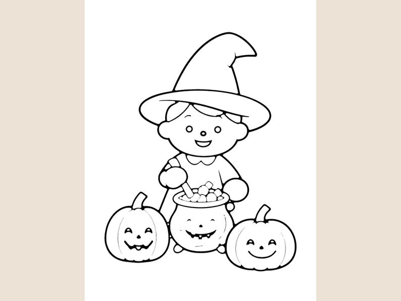 Peut inclure: Une illustration en noir et blanc au trait repr&eacute;sentant un personnage portant un chapeau pointu, remuant un petit chaudron rempli d'objets ronds. Deux citrouilles souriantes sont plac&eacute;es de chaque c&ocirc;t&eacute; du chaudron.