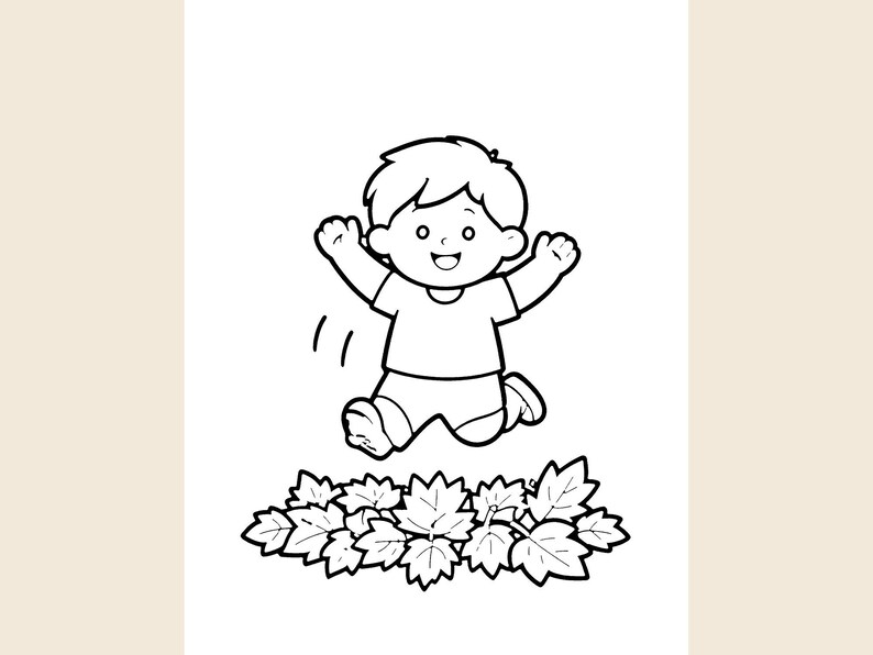 May include: A black and white line art illustration of a child with short hair, wearing a t-shirt and shorts, jumping with arms raised above a pile of fallen leaves. The drawing features bold outlines and simple shapes, creating a clear, high-contrast coloring page design.