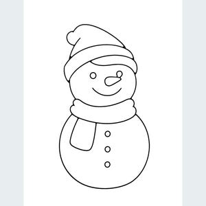 May include: A black and white line drawing of a snowman wearing a winter hat and a scarf. The snowman has a round head with a carrot-shaped nose, two circular eyes, and a curved mouth. The body features three circular buttons in a vertical row.