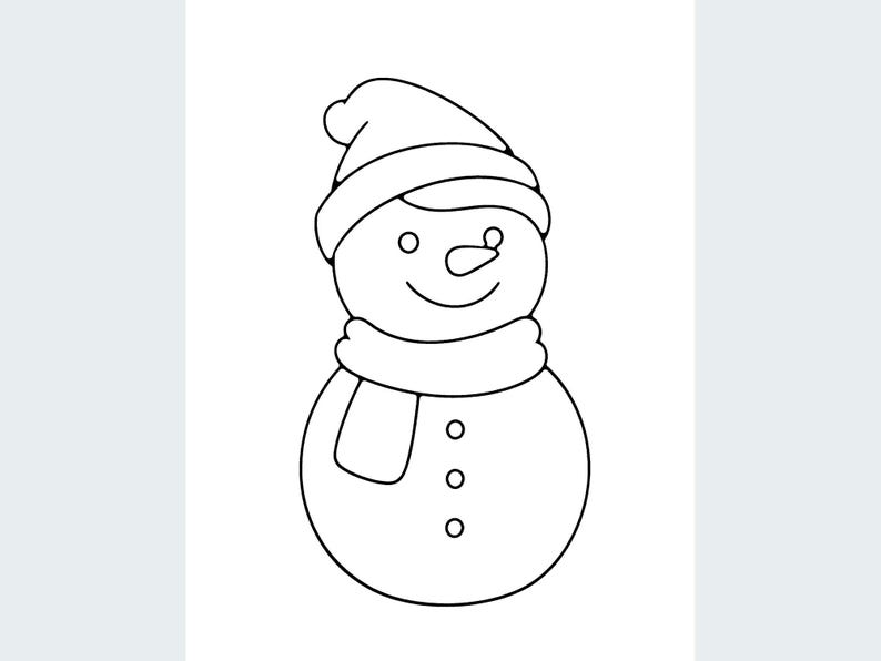 May include: A black and white line drawing of a snowman wearing a winter hat and a scarf. The snowman has a round head with a carrot-shaped nose, two circular eyes, and a curved mouth. The body features three circular buttons in a vertical row.