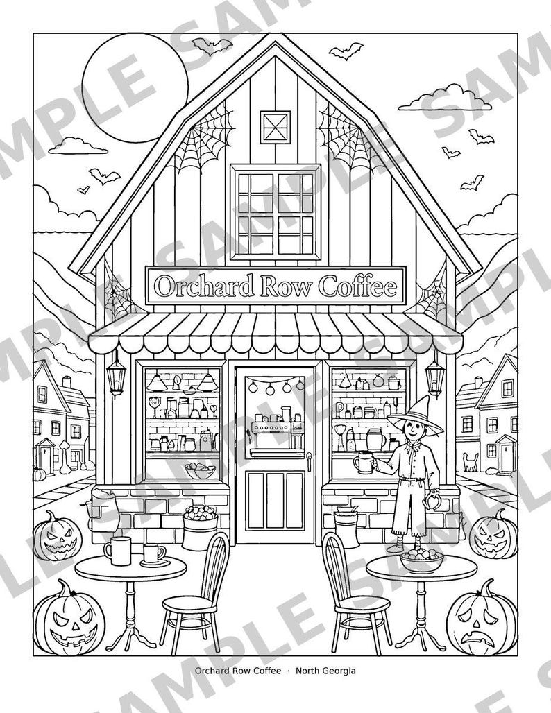 May include: A black and white coloring page featuring a coffee shop labeled Orchard Row Coffee. The scene includes a scarecrow holding a mug, outdoor tables with chairs, jack-o'-lanterns, spiderwebs, and bats under a full moon.