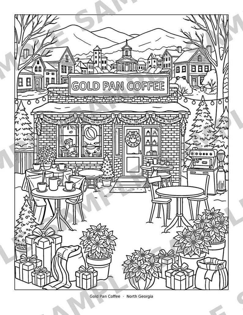 Puede incluir: Una p&aacute;gina para colorear en blanco y negro que ilustra la fachada de una cafeter&iacute;a llamada GOLD PAN COFFEE. La escena incluye mesas y sillas de exterior, flores de pascua en macetas, regalos envueltos y un pueblo de monta&ntilde;a nevado.