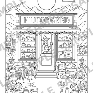 May include: A black and white coloring page featuring a coffee shop named Hilltop Grind. The scene includes a person in a witch hat holding a mug, pumpkins, a cat, mountains, and a sign reading Hilltop Grind - Western North Carolina.