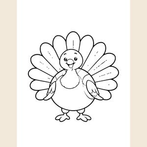 May include: A black and white line art illustration of a turkey with a large, fanned-out tail, a rounded body, small wings, and a smiling face. The drawing features bold outlines and simple shapes, designed as a coloring page for children.