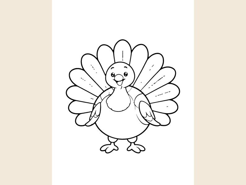 May include: A black and white line art illustration of a turkey with a large, fanned-out tail, a rounded body, small wings, and a smiling face. The drawing features bold outlines and simple shapes, designed as a coloring page for children.