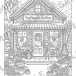 Puede incluir: Una ilustraci&oacute;n en blanco y negro para colorear de un edificio de piedra con el letrero Trailhead Coffee. La escena muestra un exterior nevado con dos personas en las ventanas, una puerta central con corona, regalos y flores de pascua.